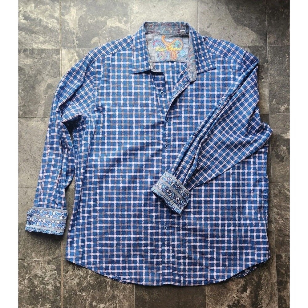 Robert Graham Shirt Button Up Paisley On Plaid Roll Over Cuff Knowledge Red Blue - Picture 6 of 16